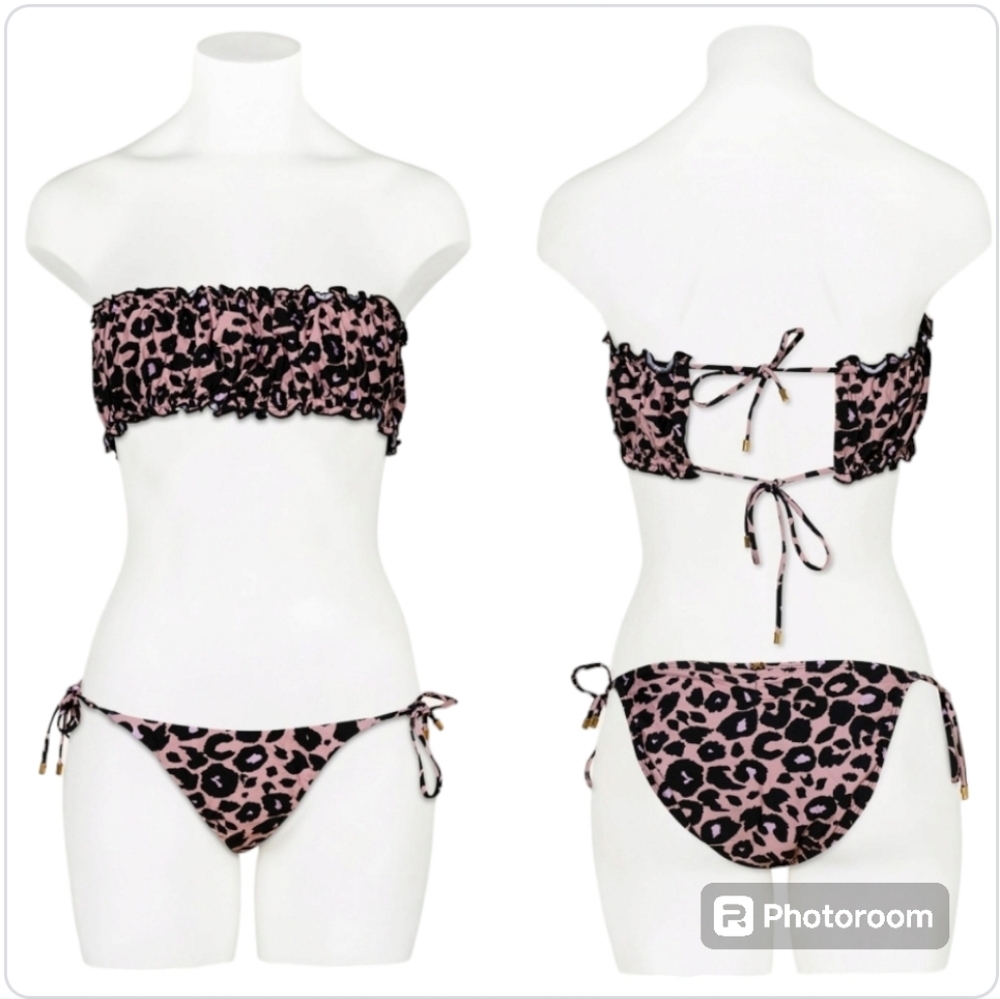 PQ Swim Nala Remi Ruched Bandeau Bikini Set Pink Animal Print Sz S - Picture 3 of 11